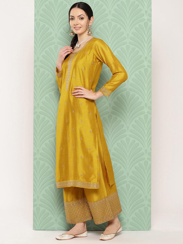 Mustard Embroidered Silk Blend Straight Suit With Dupatta