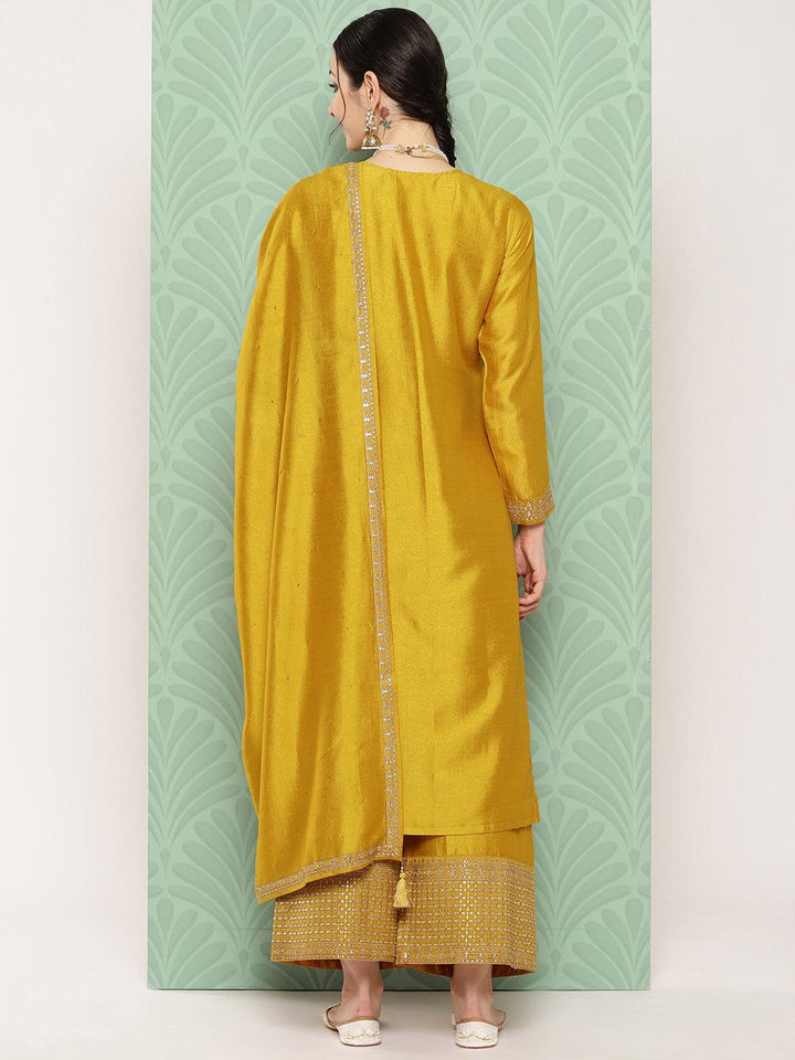 Mustard Embroidered Silk Blend Straight Suit With Dupatta