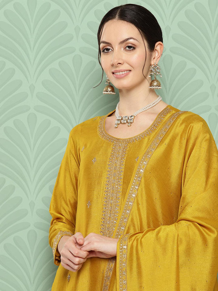 Mustard Embroidered Silk Blend Straight Suit With Dupatta