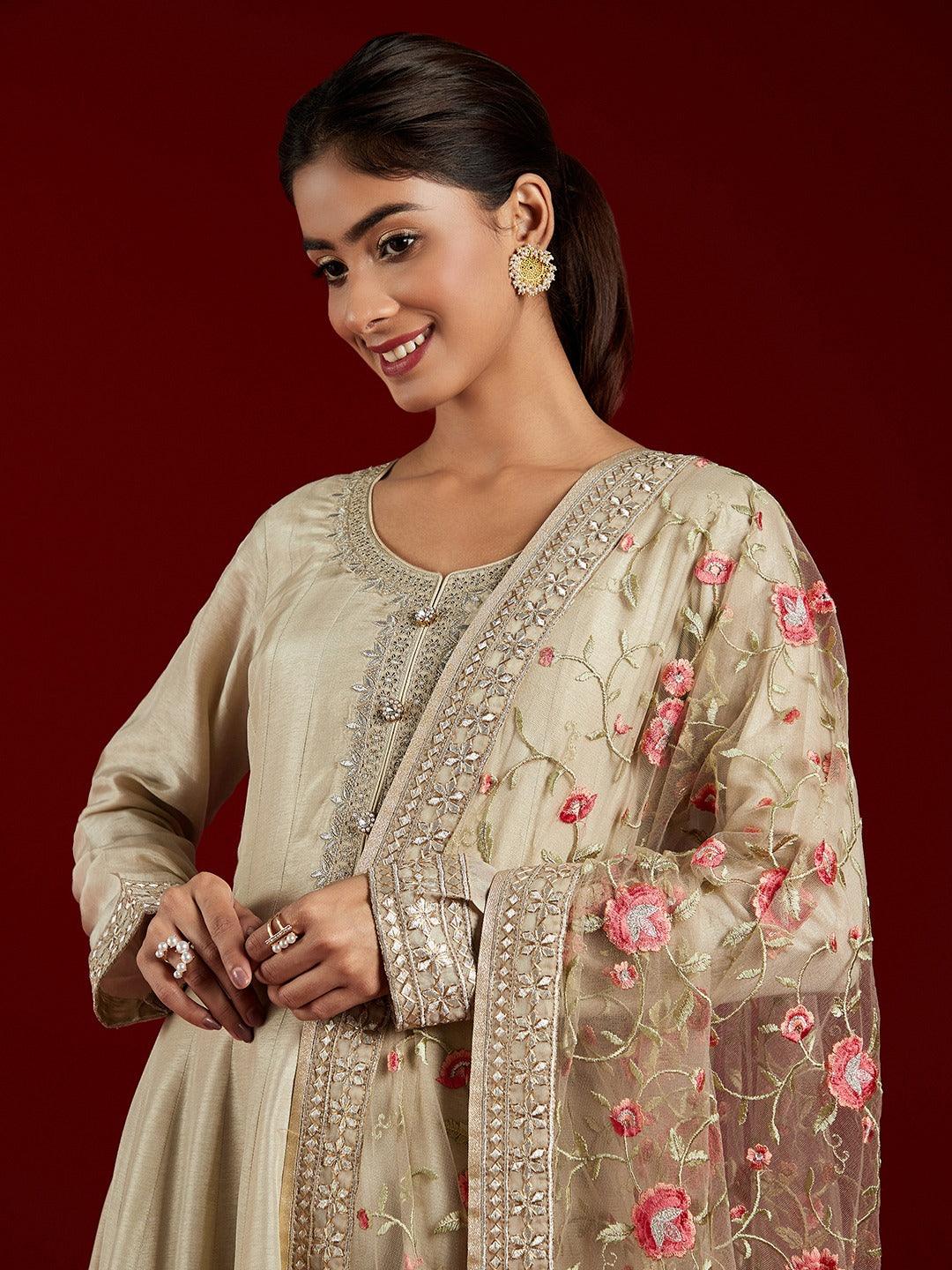 Libas Art Gold Yoke Design Silk Anarkali Kurta With Trousers & Dupatta - ShopLibas