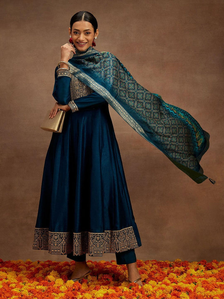 Teal Yoke Design Silk Blend Anarkali Suit With Dupatta