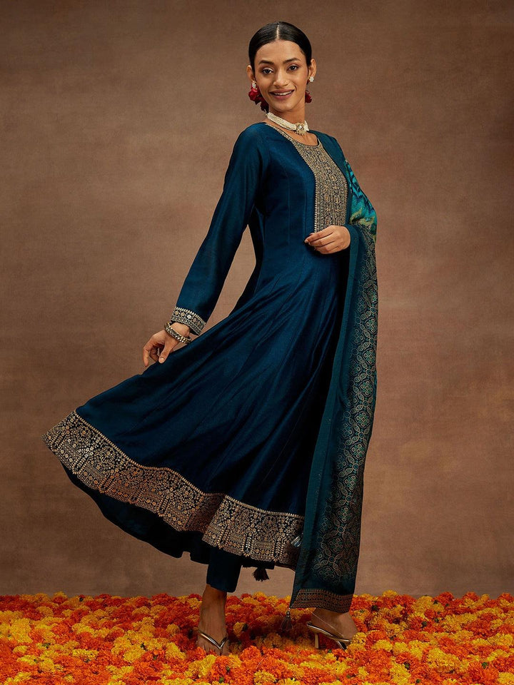 Teal Yoke Design Silk Blend Anarkali Suit With Dupatta