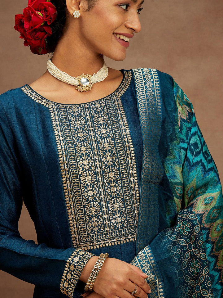 Teal Yoke Design Silk Blend Anarkali Suit With Dupatta