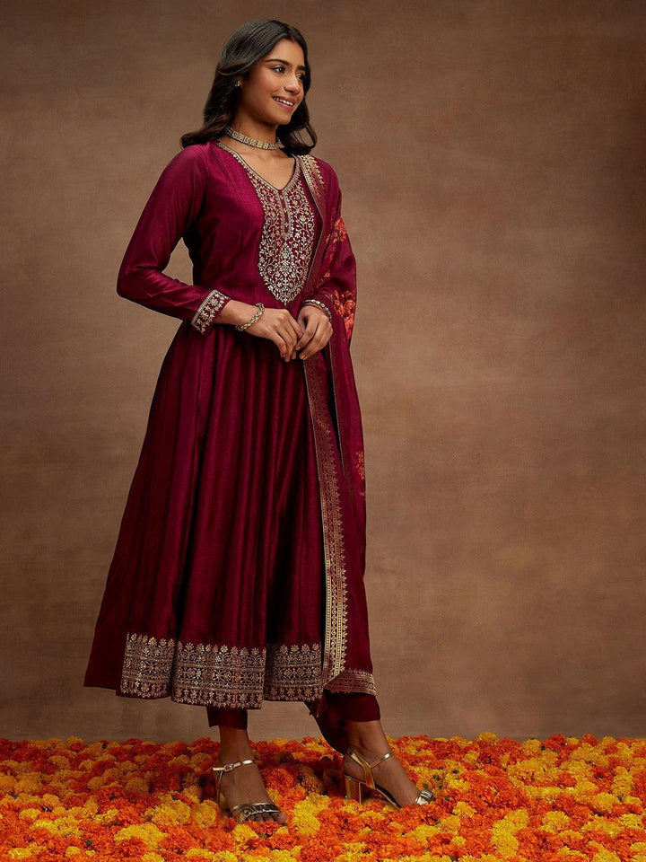 Wine Yoke Design Silk Blend Anarkali Suit With Dupatta