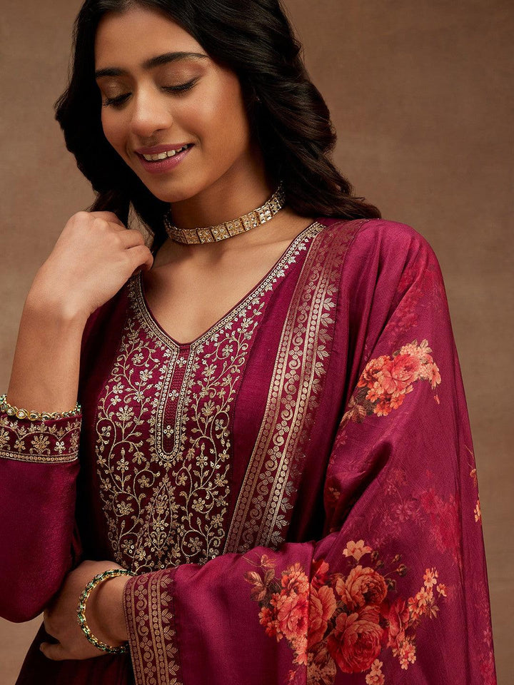 Wine Yoke Design Silk Blend Anarkali Suit With Dupatta