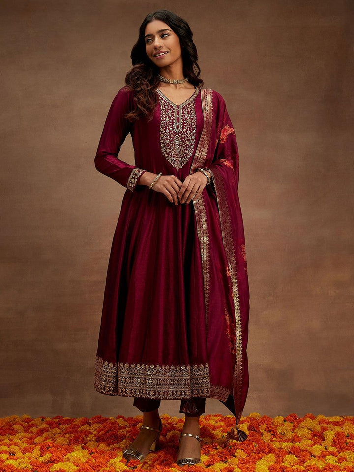 Wine Yoke Design Silk Blend Anarkali Suit With Dupatta