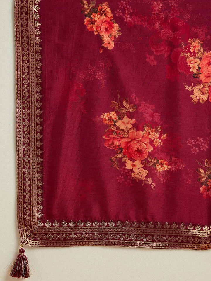 Wine Yoke Design Silk Blend Anarkali Suit With Dupatta