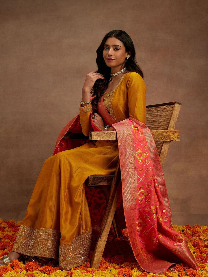 Mustard Yoke Design Silk Blend Anarkali Suit With Dupatta