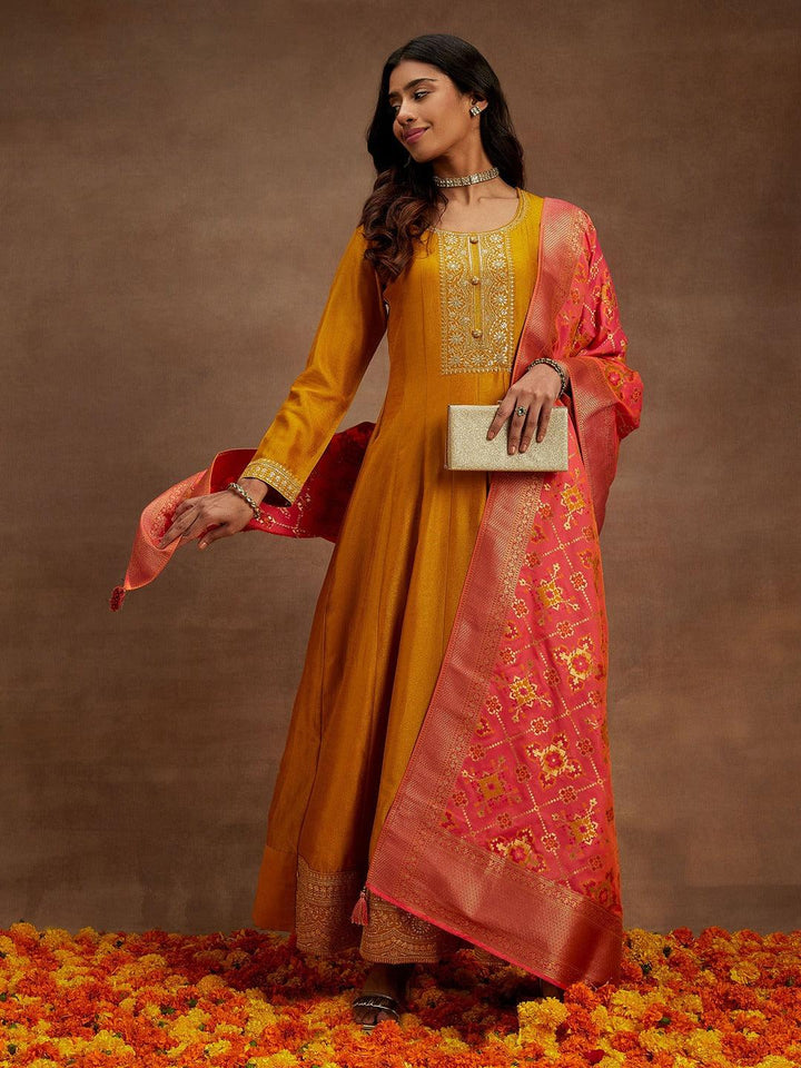 Mustard Yoke Design Silk Blend Anarkali Suit With Dupatta