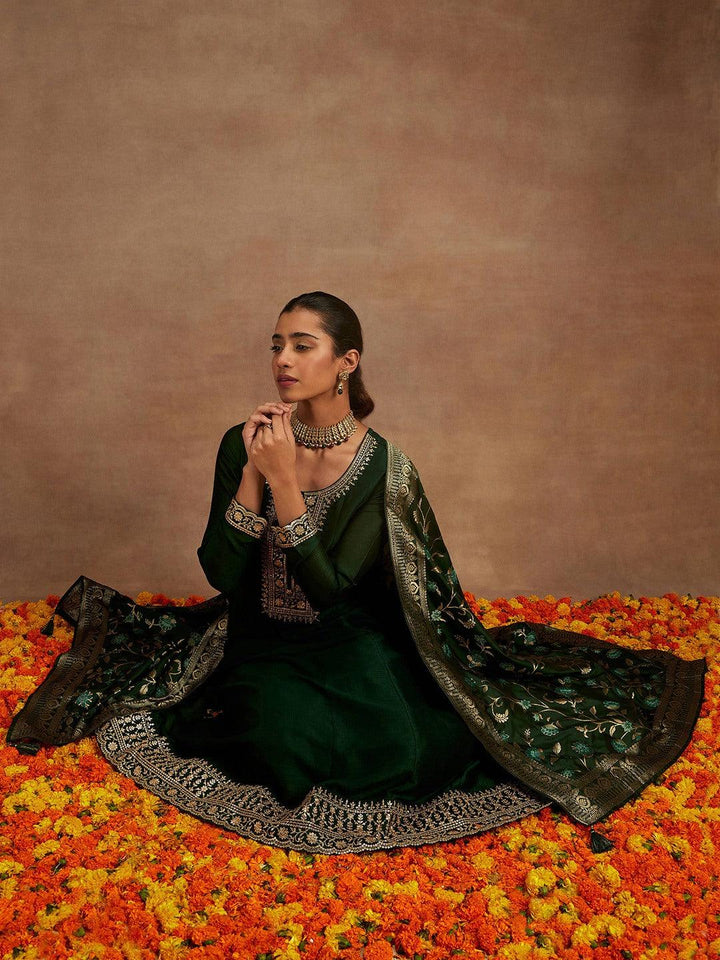 Green Yoke Design Silk Blend Anarkali Suit With Dupatta