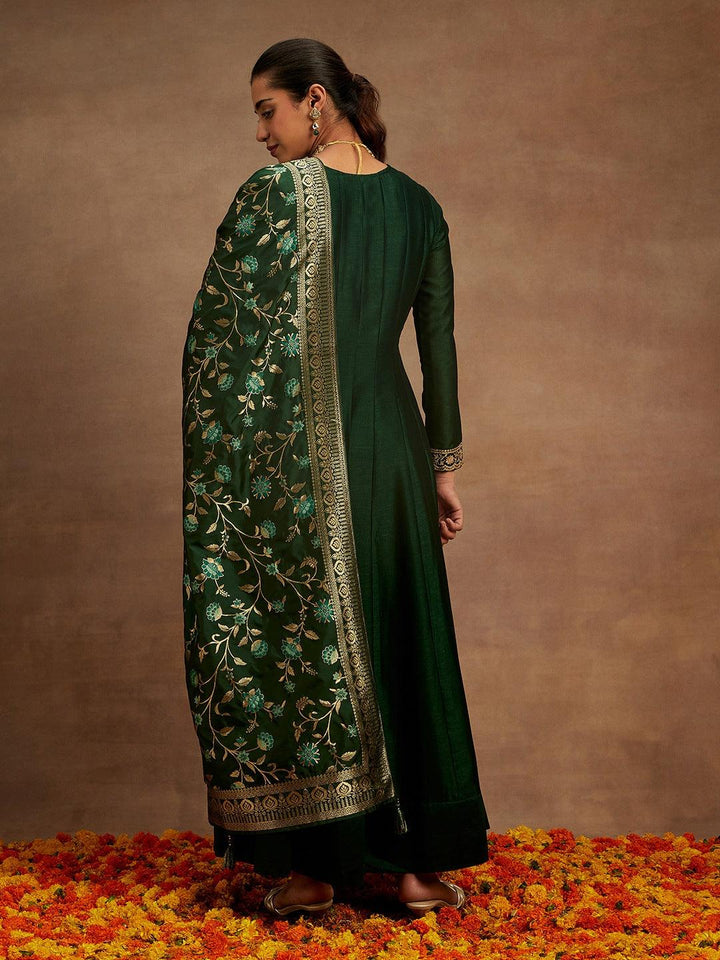 Green Yoke Design Silk Blend Anarkali Suit With Dupatta