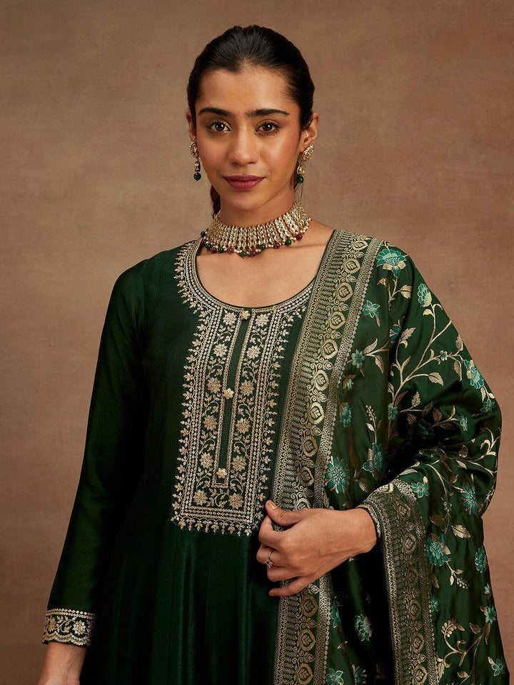 Green Yoke Design Silk Blend Anarkali Suit With Dupatta