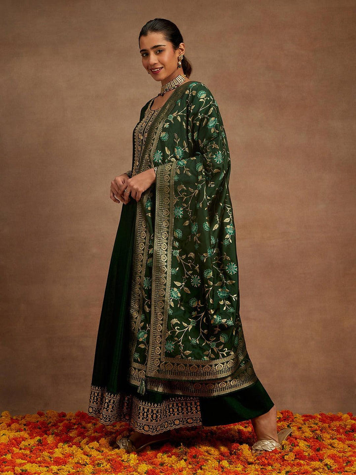 Green Yoke Design Silk Blend Anarkali Suit With Dupatta