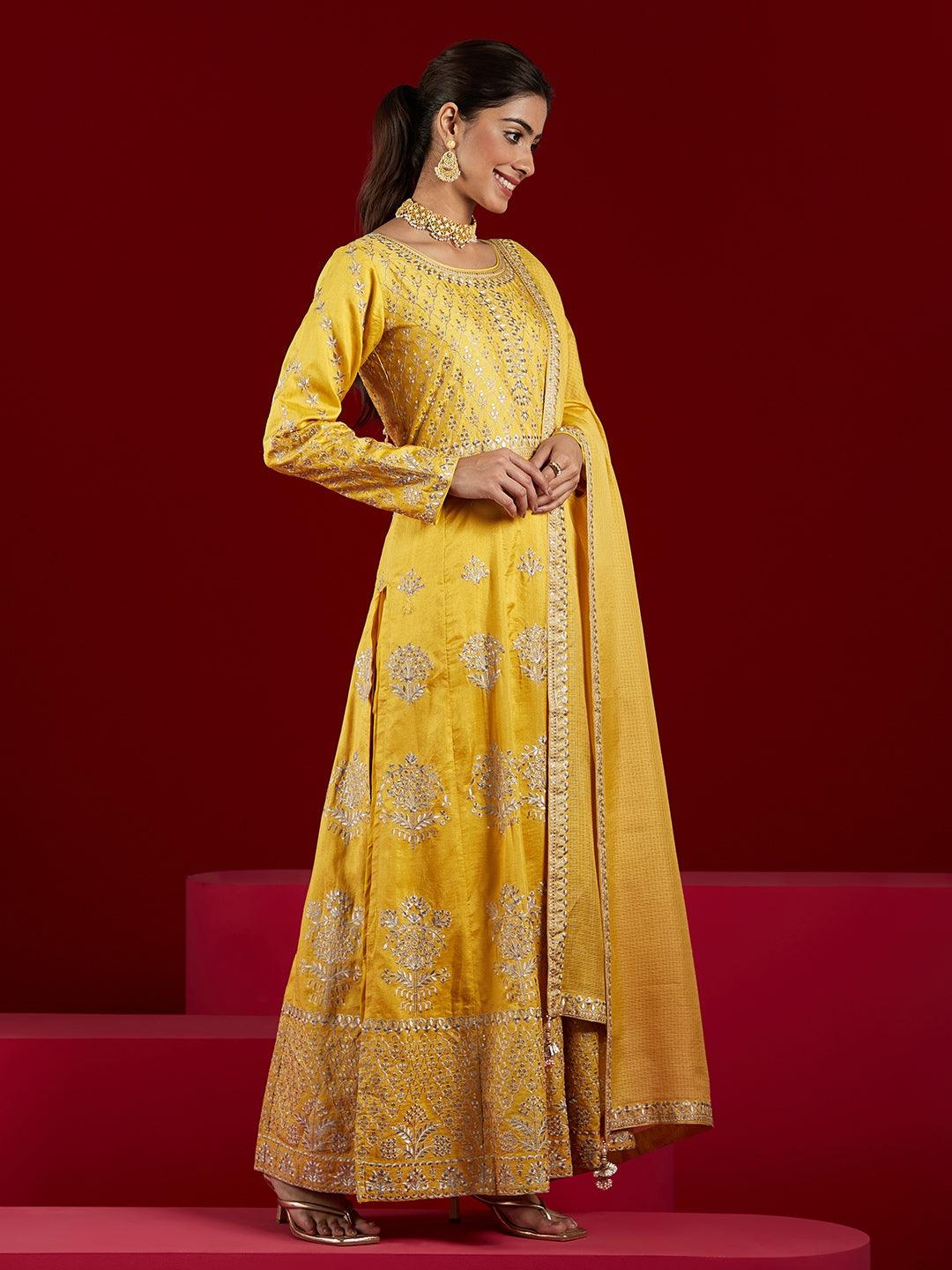 Libas Art Yellow Embroidered Silk A-Line Kurta With Trousers & Dupatta - ShopLibas