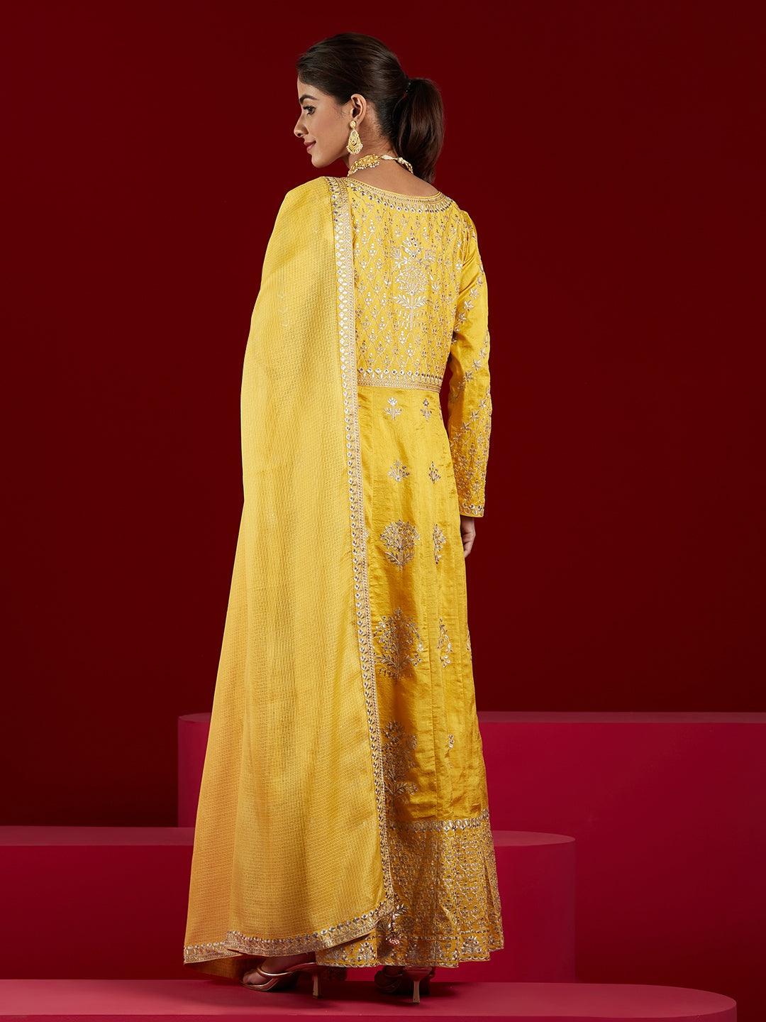 Libas Art Yellow Embroidered Silk A-Line Kurta With Trousers & Dupatta - ShopLibas