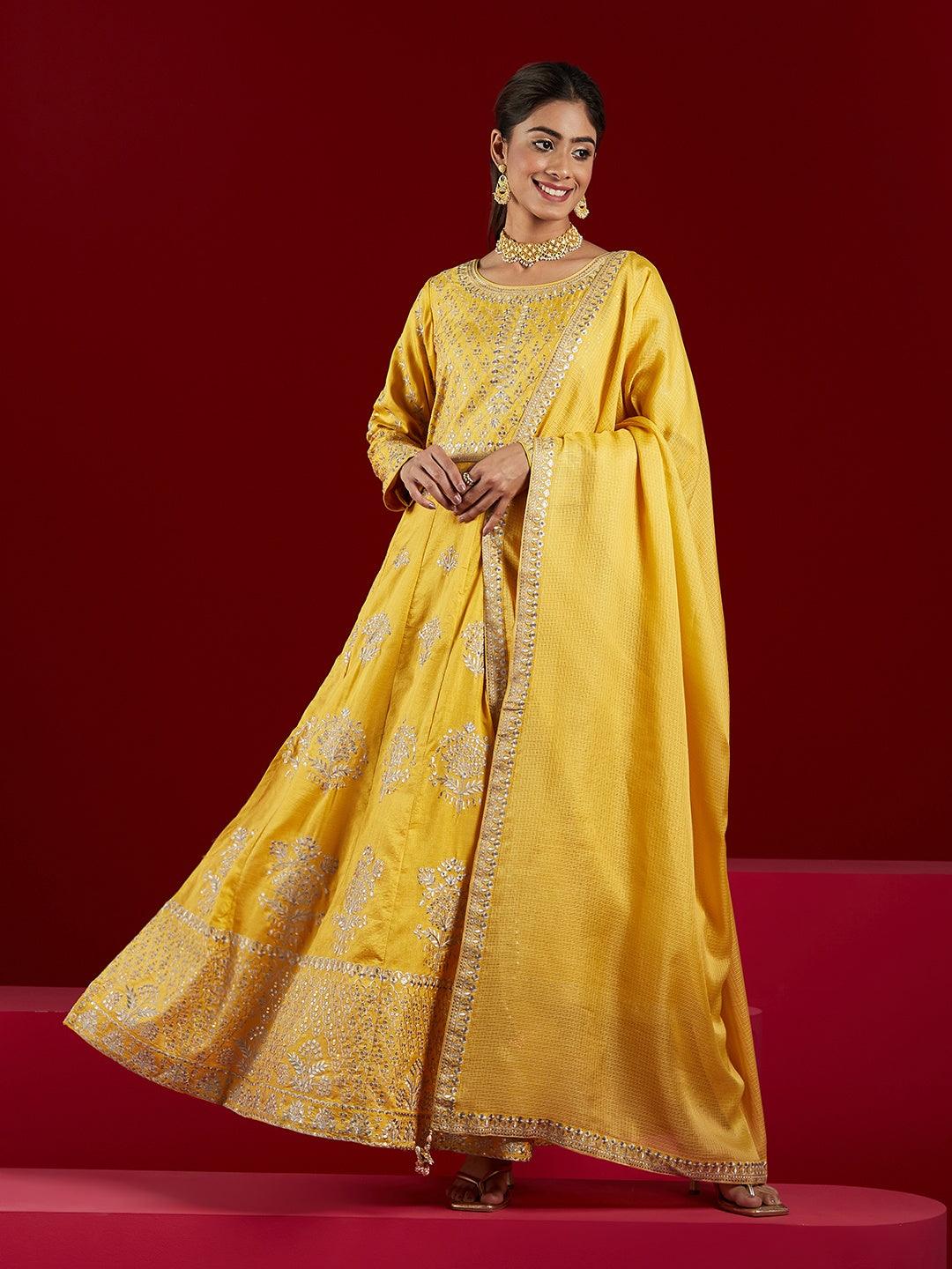 Libas Art Yellow Embroidered Silk A-Line Kurta With Trousers & Dupatta - ShopLibas