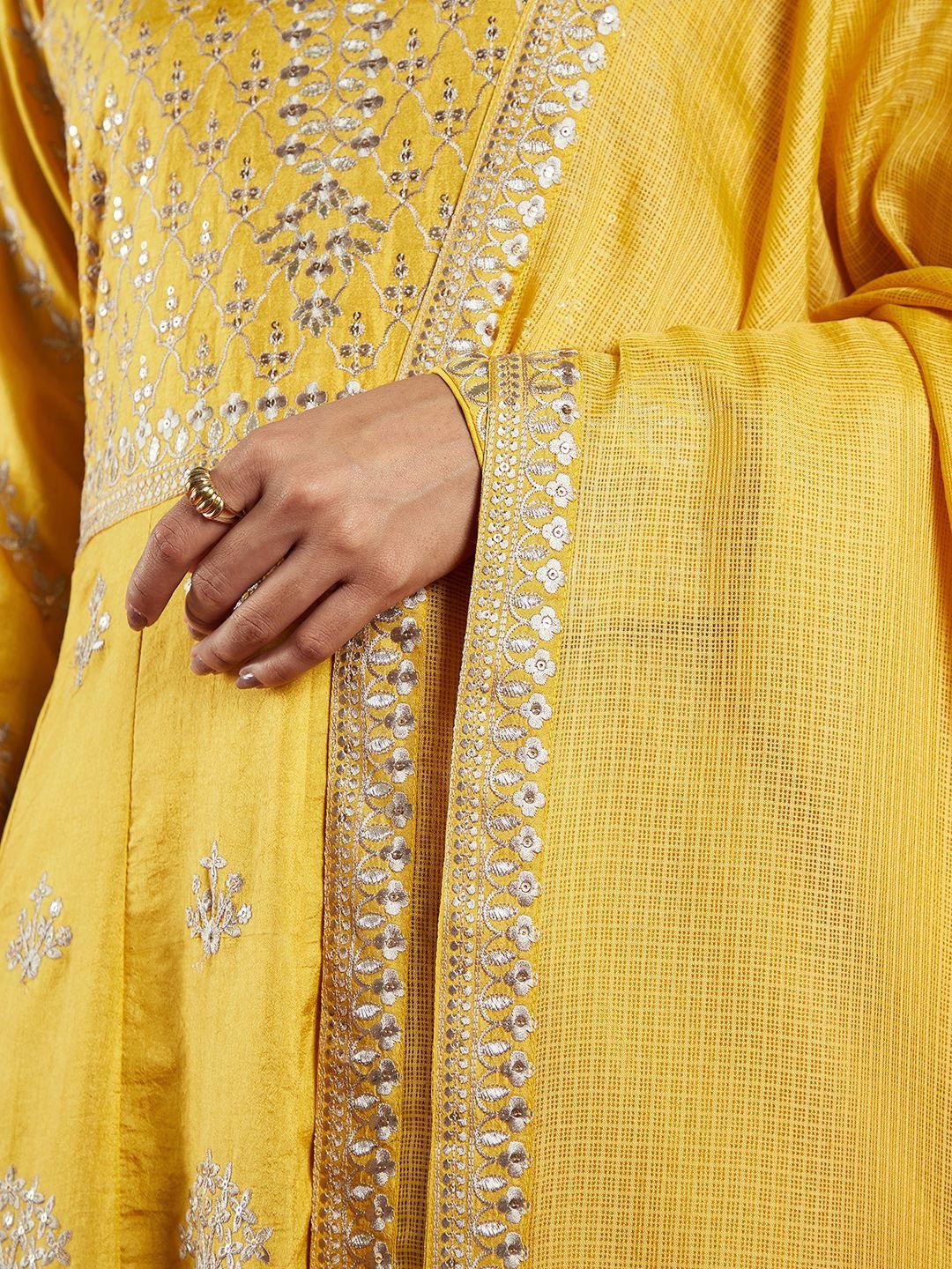 Libas Art Yellow Embroidered Silk A-Line Kurta With Trousers & Dupatta - ShopLibas