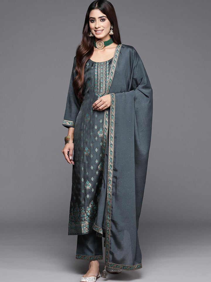 Grey Woven Design Silk Blend Straight Suit With Dupatta