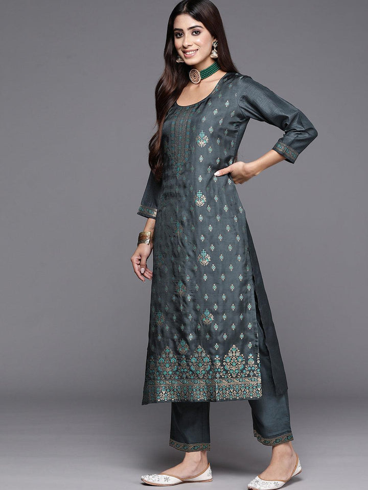 Grey Woven Design Silk Blend Straight Suit With Dupatta
