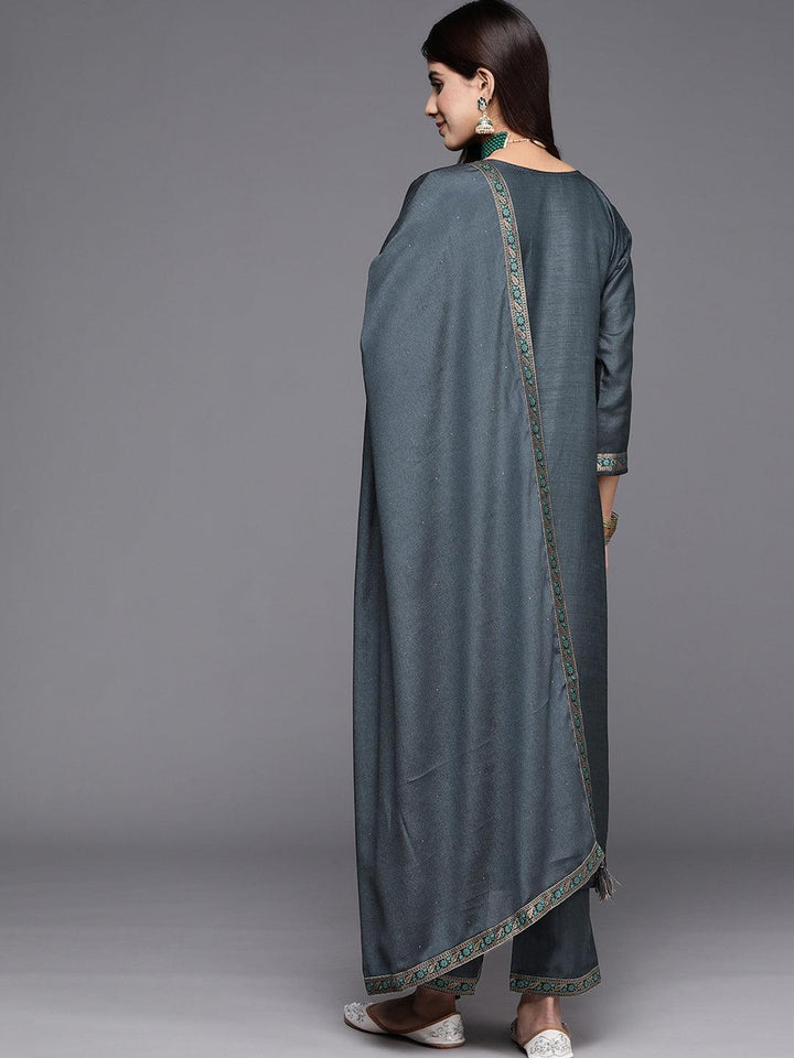 Grey Woven Design Silk Blend Straight Suit With Dupatta