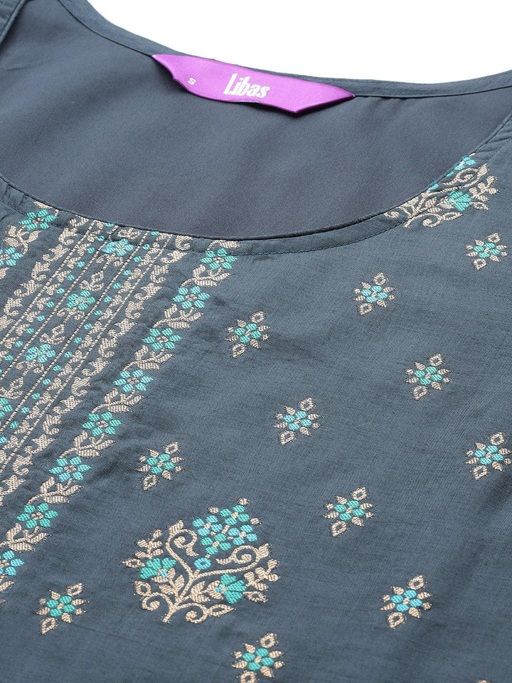 Grey Woven Design Silk Blend Straight Suit With Dupatta