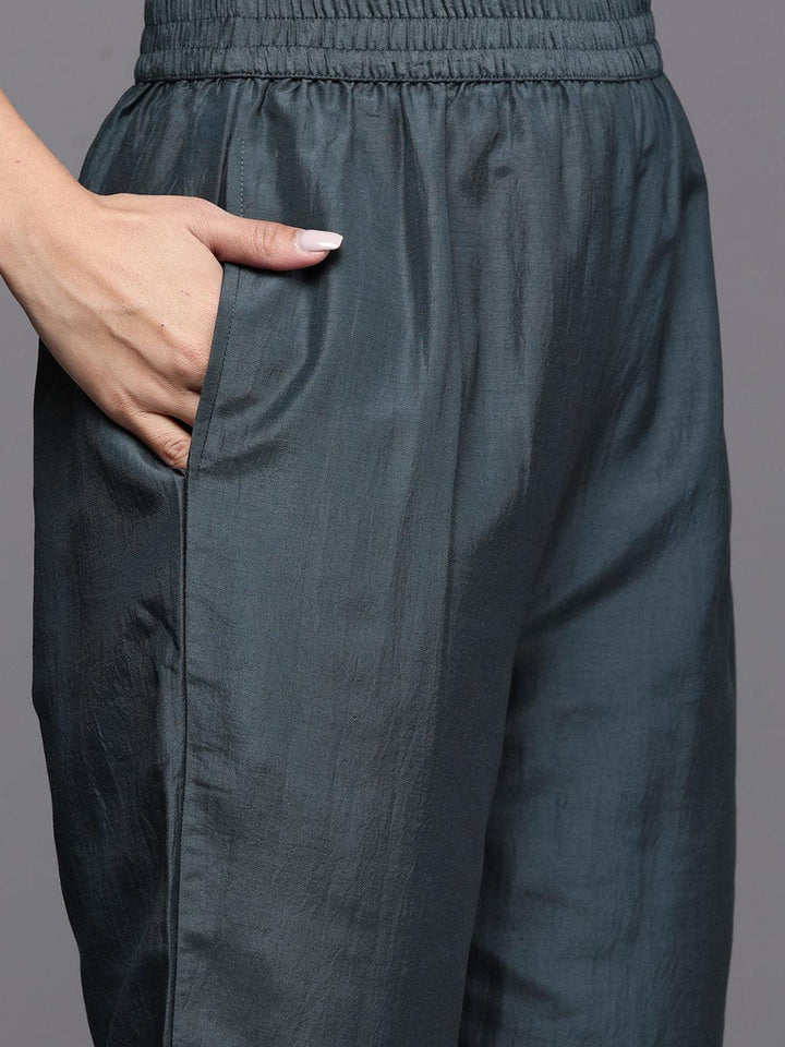 Grey Woven Design Silk Blend Straight Suit With Dupatta