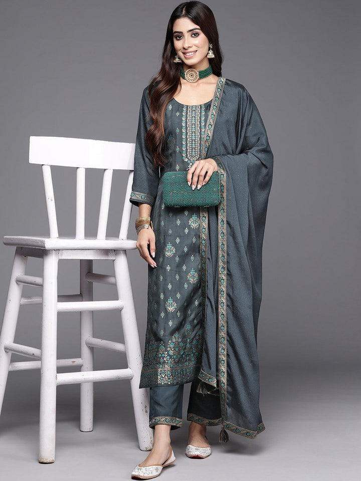 Grey Woven Design Silk Blend Straight Suit With Dupatta