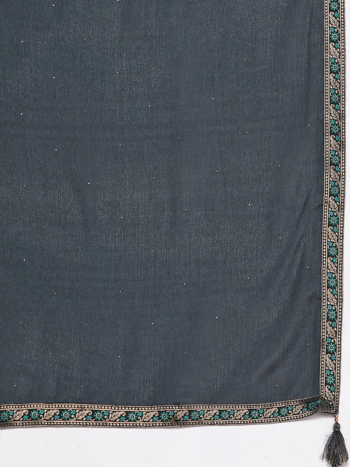 Grey Woven Design Silk Blend Straight Suit With Dupatta