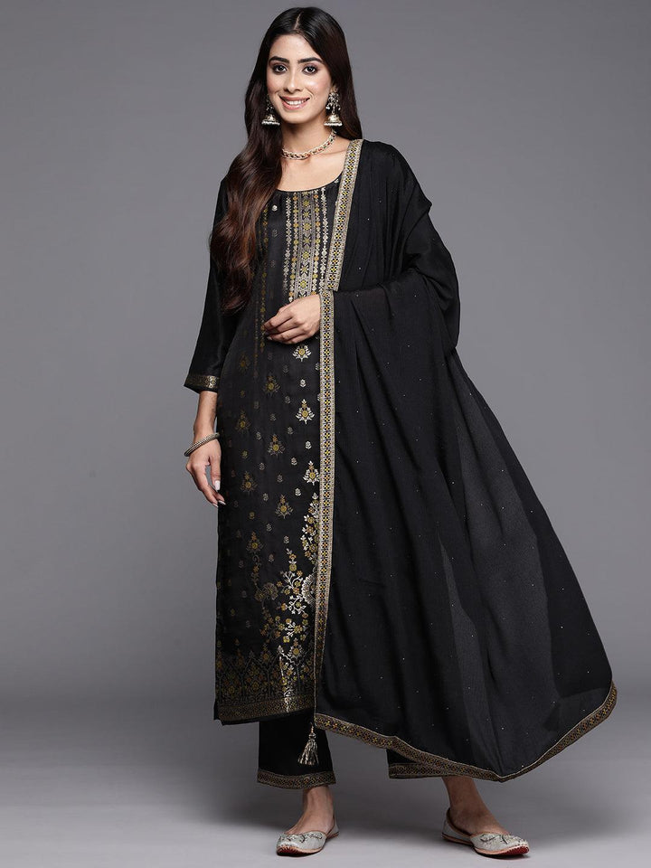 Black Woven Design Silk Blend Straight Suit With Dupatta