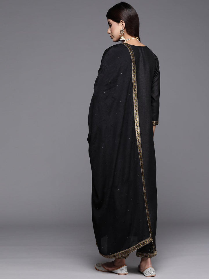 Black Woven Design Silk Blend Straight Suit With Dupatta