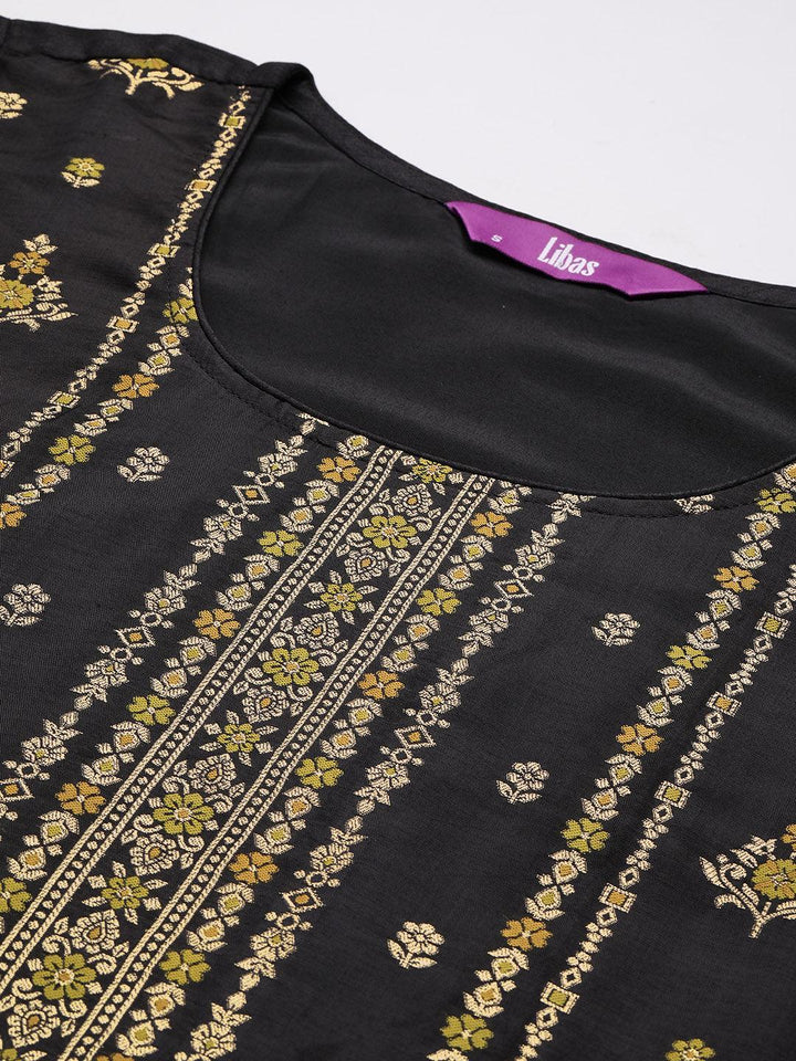 Black Woven Design Silk Blend Straight Suit With Dupatta