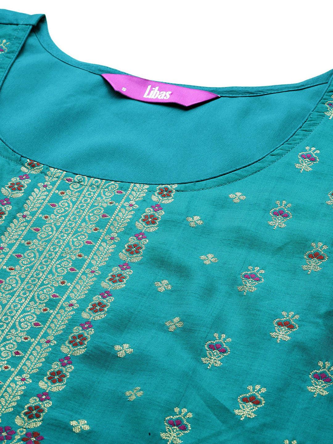 Turquoise Woven Design Silk Blend Straight Kurta With Trousers & Dupatta - ShopLibas