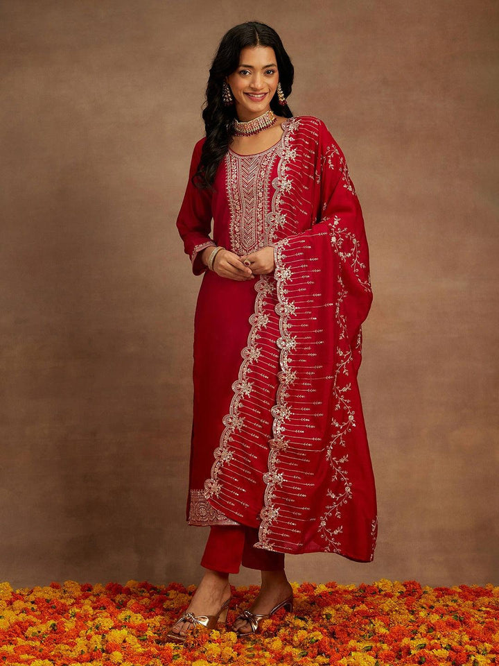 Pink Yoke Design Silk Blend Straight Suit With Dupatta