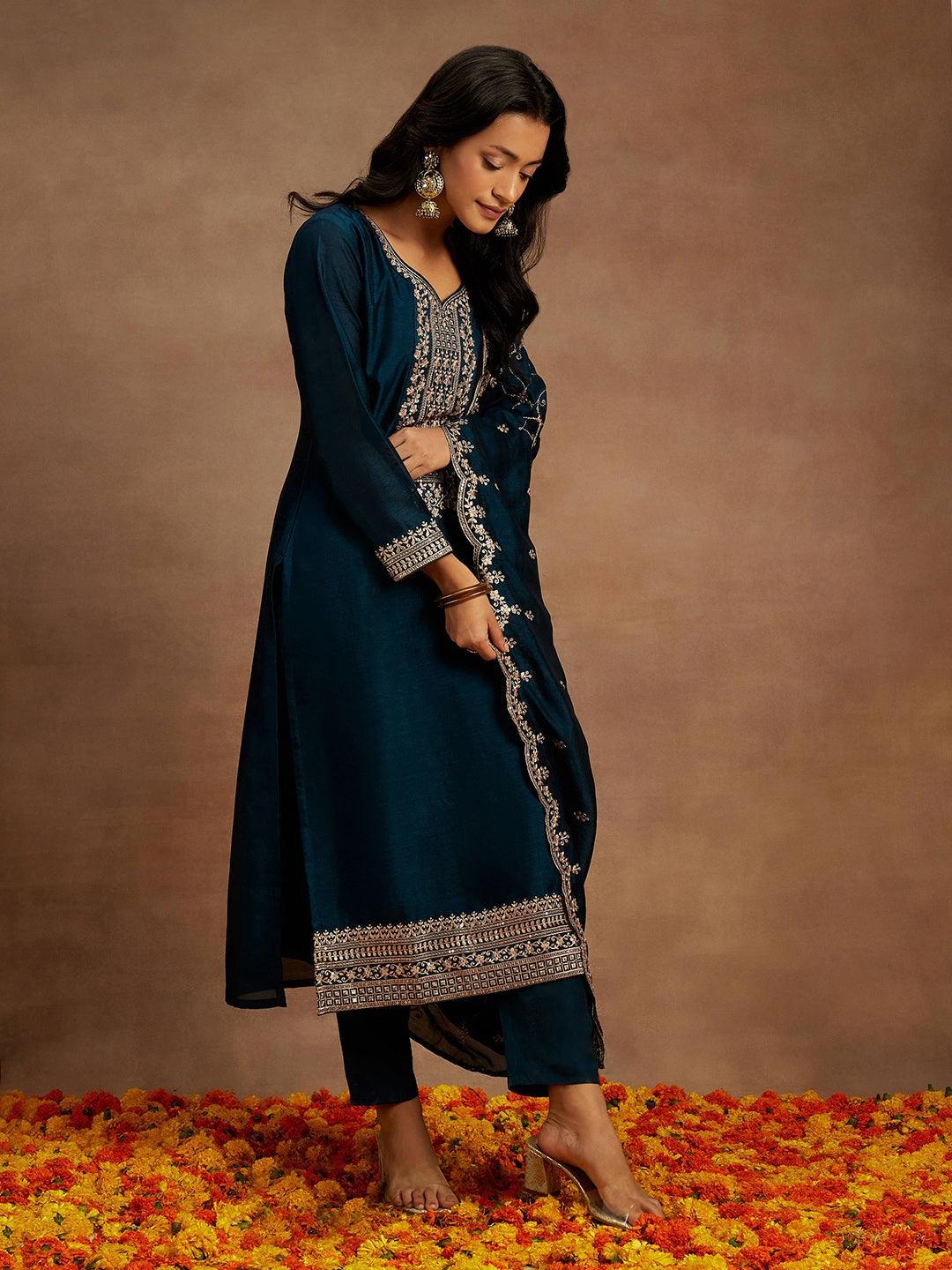 Teal Yoke Design Silk Blend Straight Kurta With Trousers & Dupatta - ShopLibas