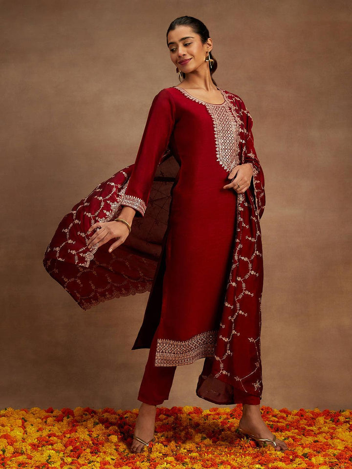 Maroon Yoke Design Silk Blend Straight Suit With Dupatta