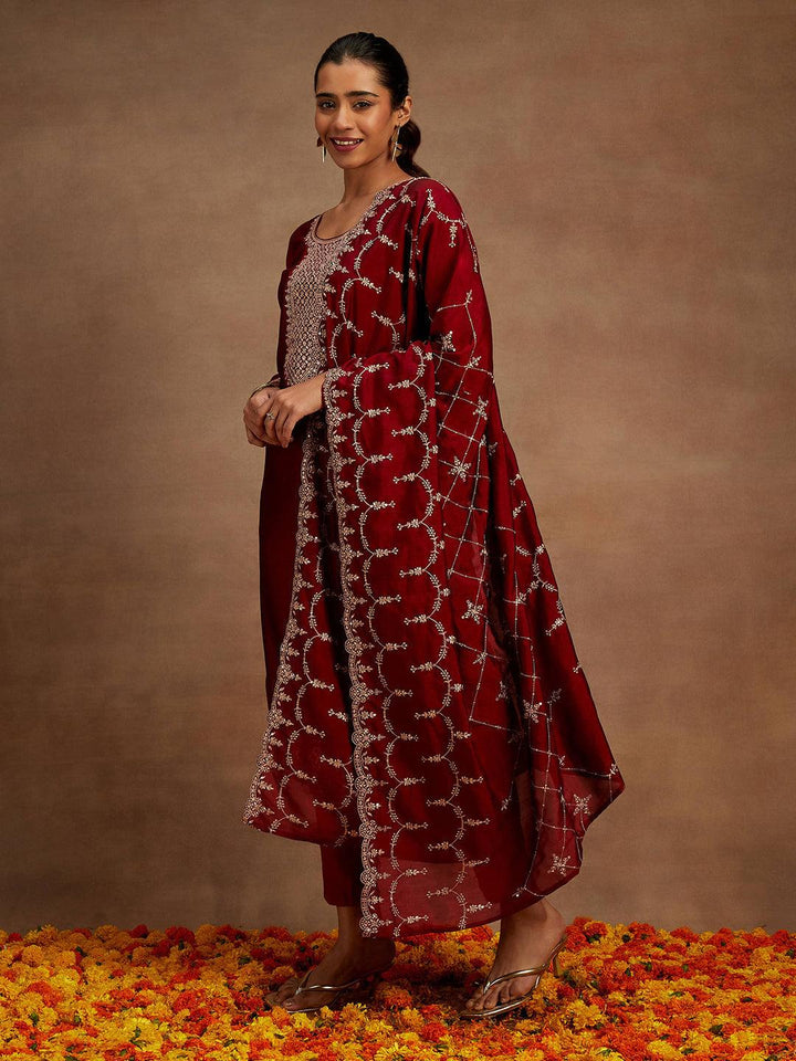 Maroon Yoke Design Silk Blend Straight Suit With Dupatta