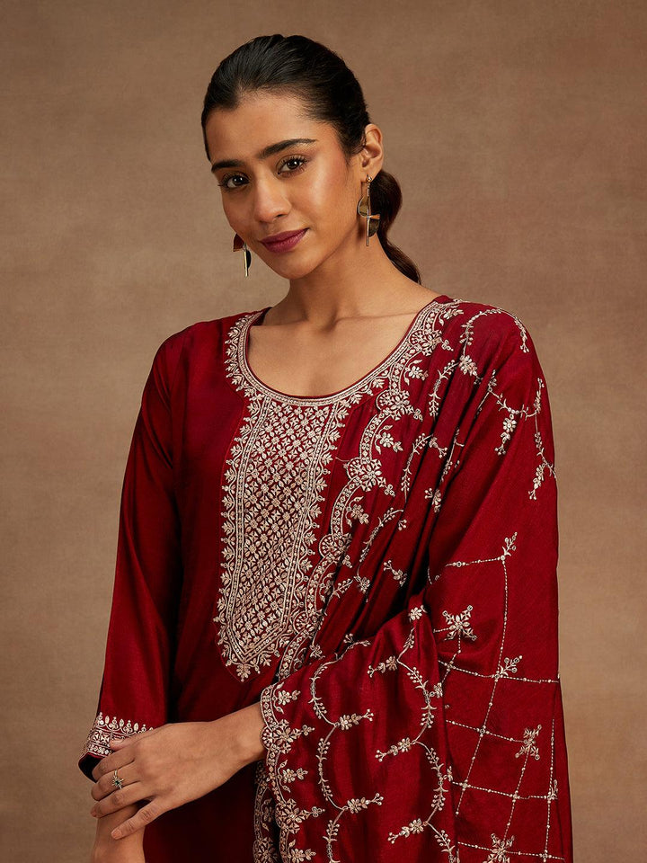 Maroon Yoke Design Silk Blend Straight Suit With Dupatta