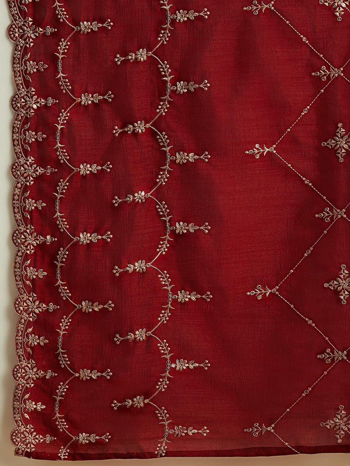 Maroon Yoke Design Silk Blend Straight Suit With Dupatta