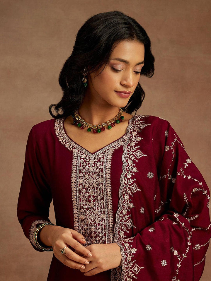 Burgundy Yoke Design Silk Blend Straight Suit With Dupatta
