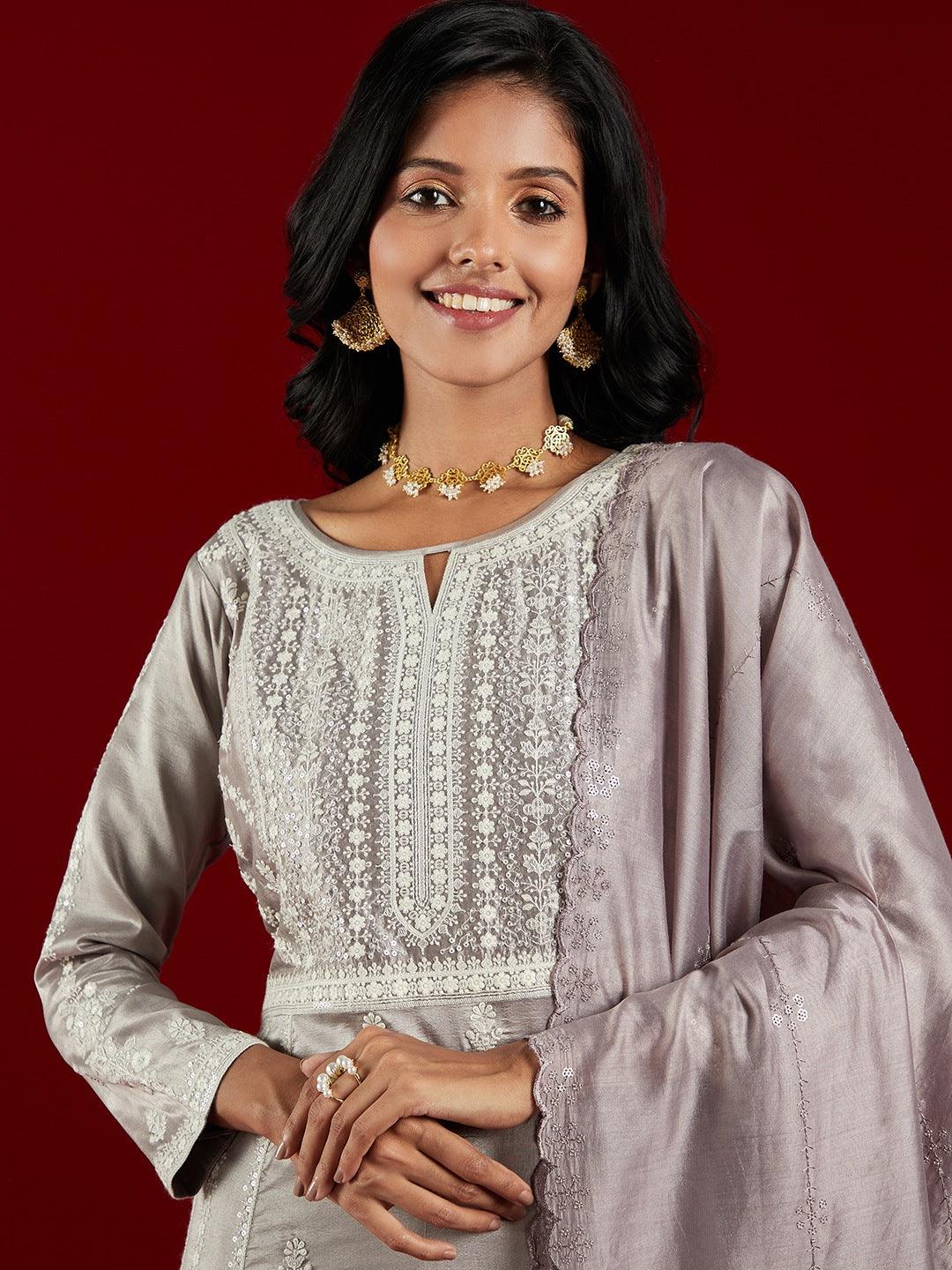 Libas Art Taupe Embroidered Silk Blend A-Line Kurta With Trousers & Dupatta - ShopLibas