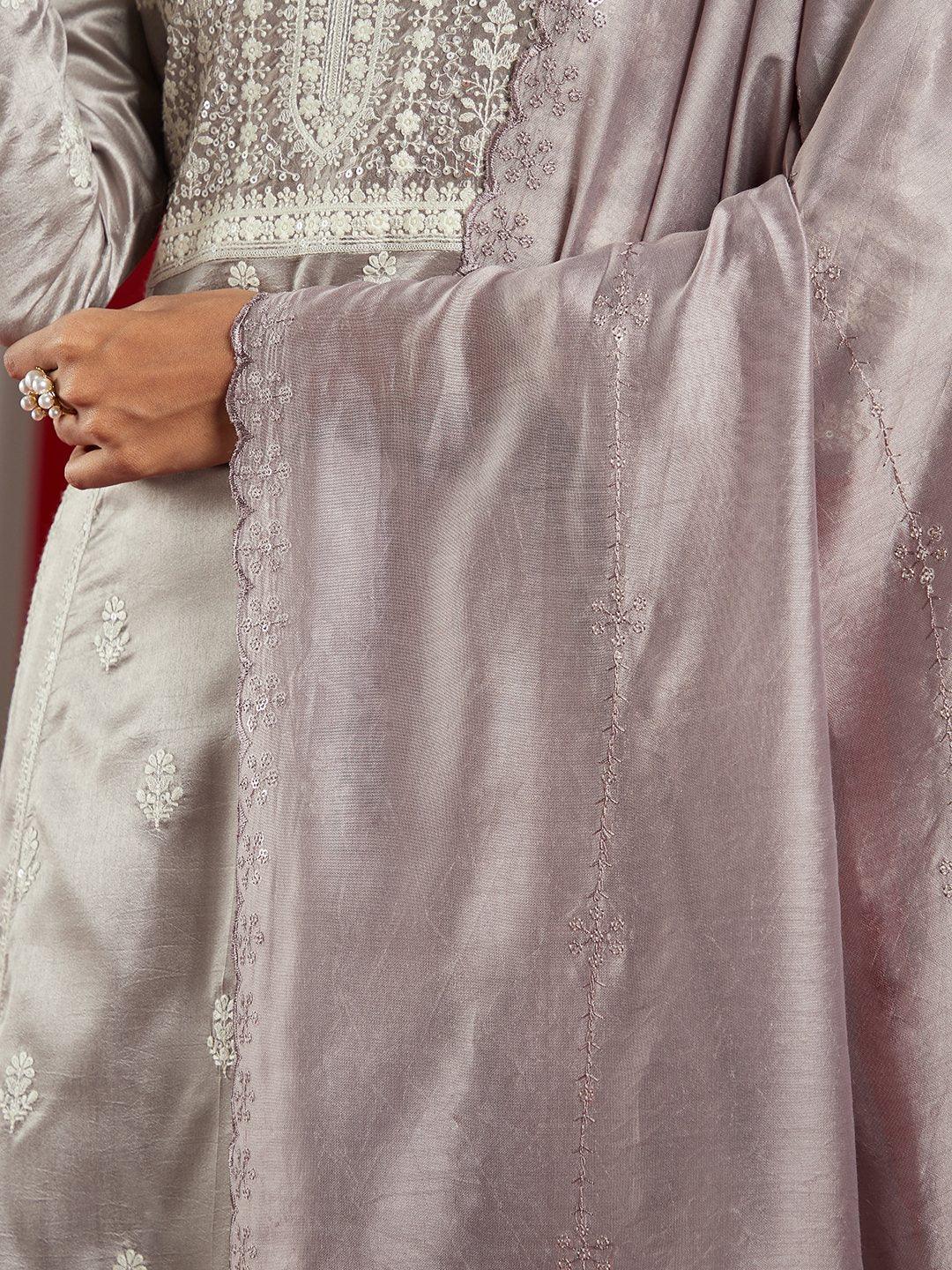 Libas Art Taupe Embroidered Silk Blend A-Line Kurta With Trousers & Dupatta - ShopLibas