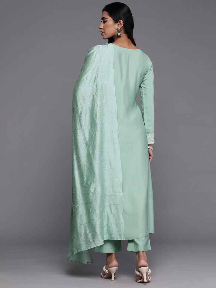 Libas Art Sea Green Embroidered Silk Blend A-Line Kurta With Trousers & Dupatta