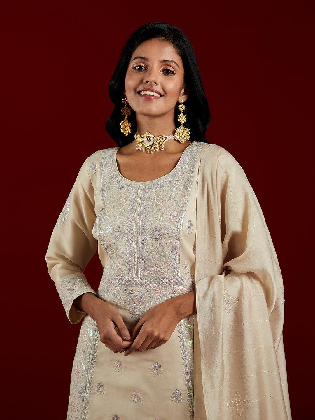 Libas Art Cream Embroidered Silk Blend A-Line Kurta With Trousers & Dupatta - ShopLibas