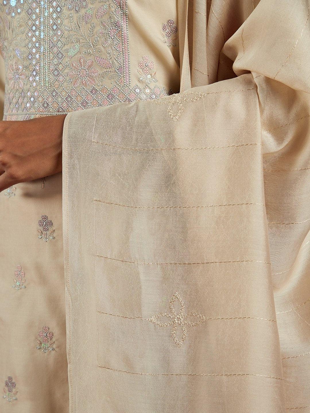 Libas Art Cream Embroidered Silk Blend A-Line Kurta With Trousers & Dupatta - ShopLibas
