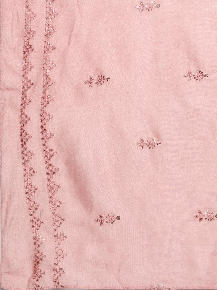 Libas Art Peach Embroidered Silk Blend A-Line Kurta With Trousers & Dupatta
