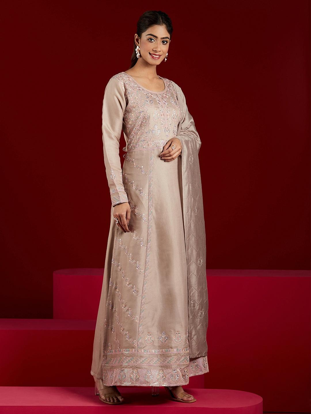 Libas Art Taupe Embroidered Silk Blend A-Line Kurta With Trousers & Dupatta - ShopLibas