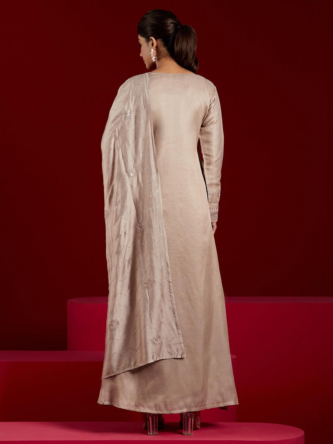 Libas Art Taupe Embroidered Silk Blend A-Line Kurta With Trousers & Dupatta - ShopLibas