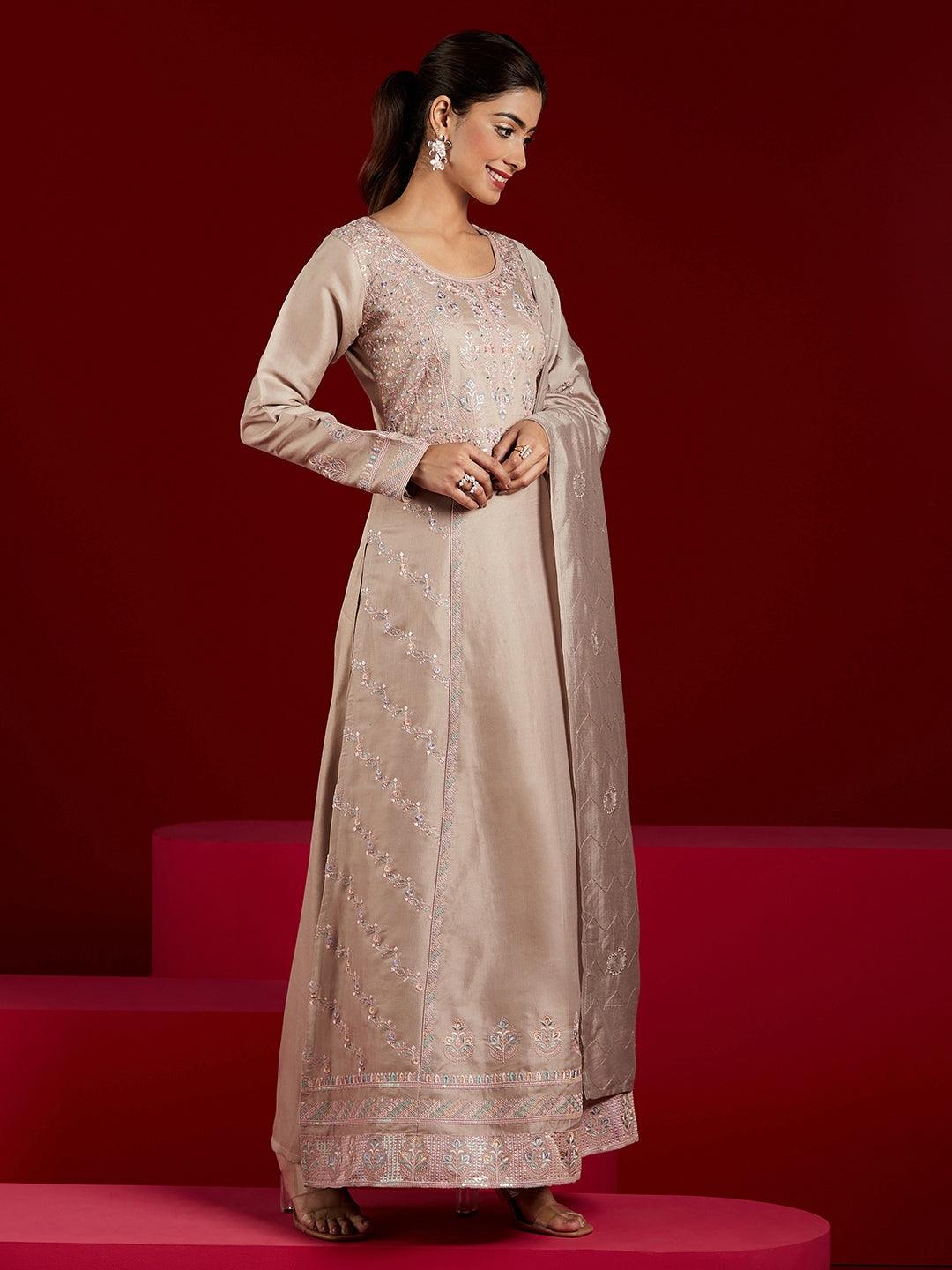 Libas Art Taupe Embroidered Silk Blend A-Line Kurta With Trousers & Dupatta - ShopLibas