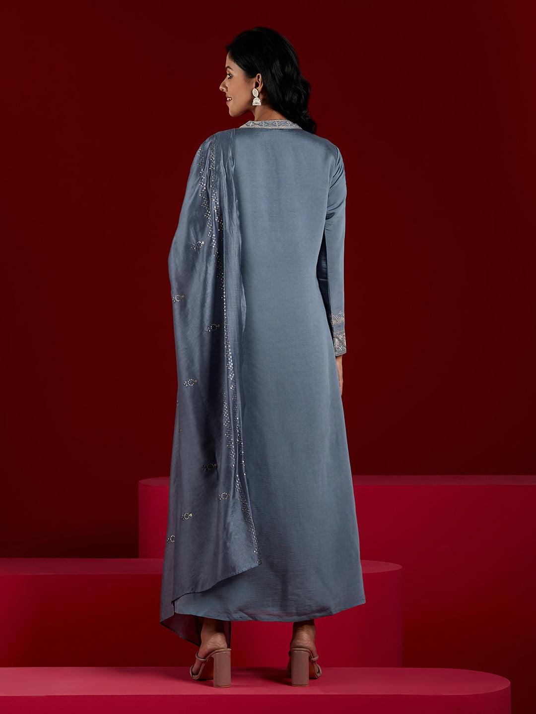 Libas Art Grey Embroidered Silk Blend A-Line Kurta With Trousers & Dupatta - ShopLibas