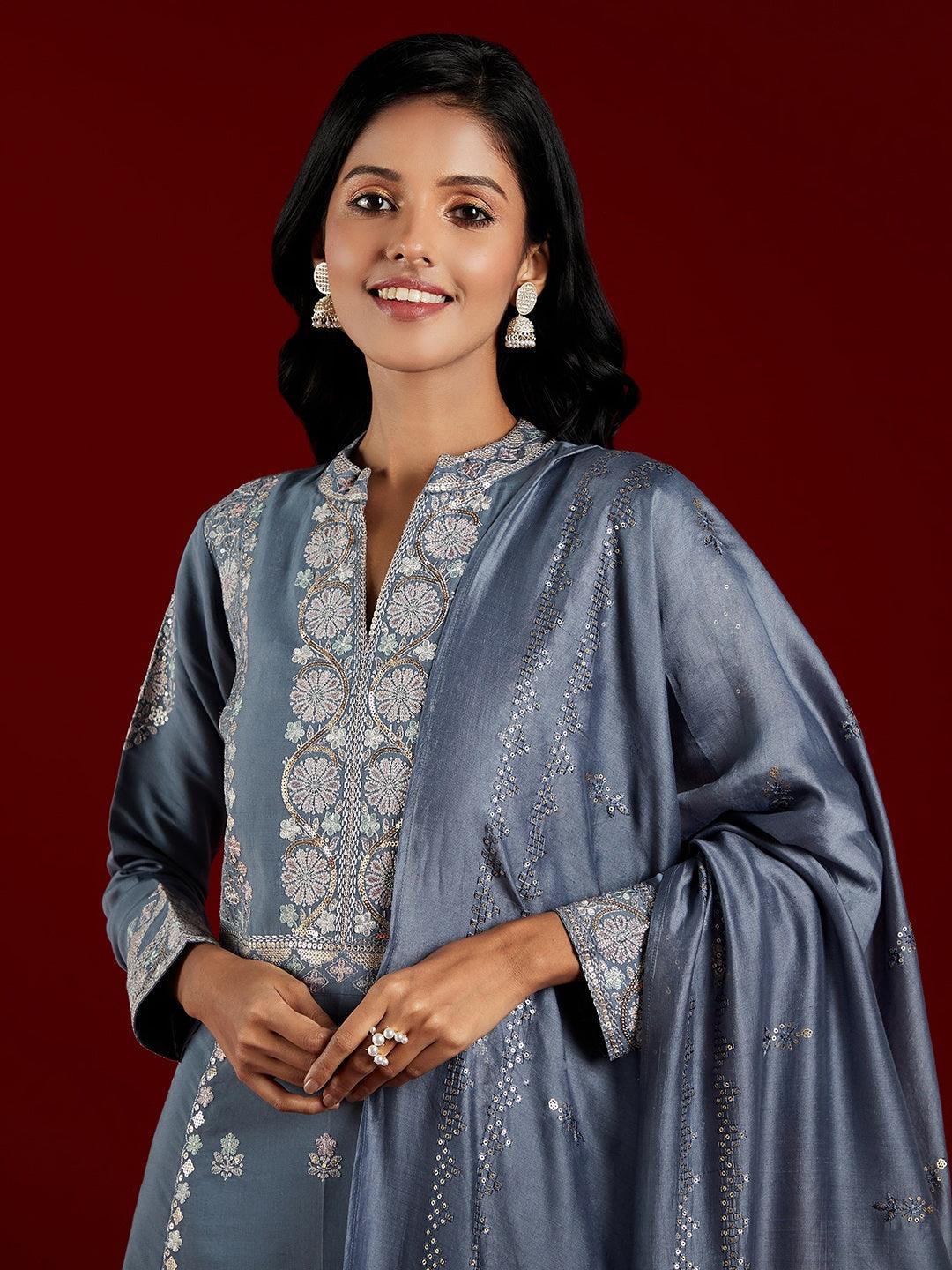 Libas Art Grey Embroidered Silk Blend A-Line Kurta With Trousers & Dupatta - ShopLibas